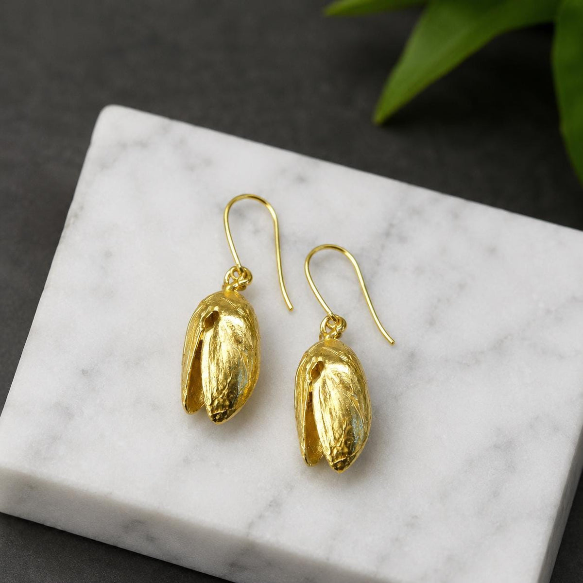 Real Pistachio Earrings, 14K Gold Plated Brass Jewelry, Gold Drop Earrings, Handmade Minimalist Jewelry Gift, Gift for Her