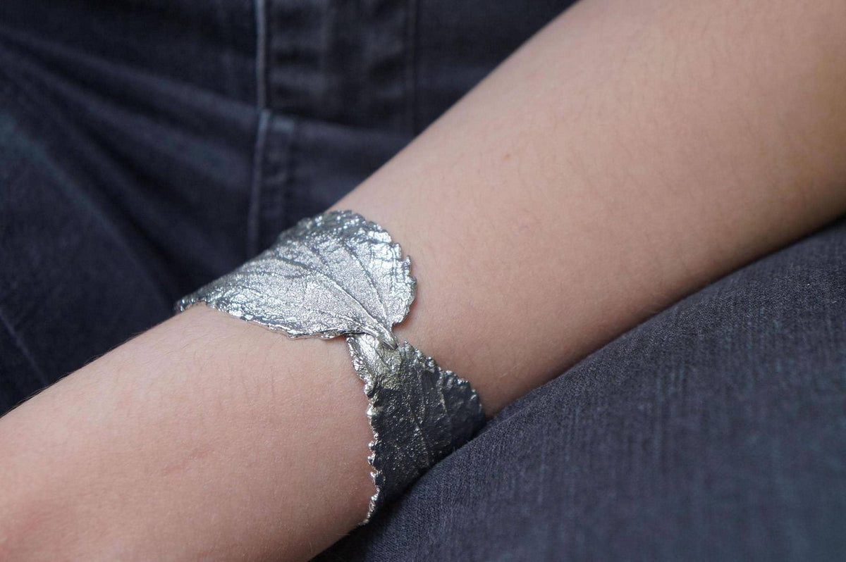 Real Hibiscus Leaf Bracelet, Handmade Nature Jewelry, Organic Forest Cuff, Gift for Beauty &amp; Vitality, Gold or Sterling Silver 925