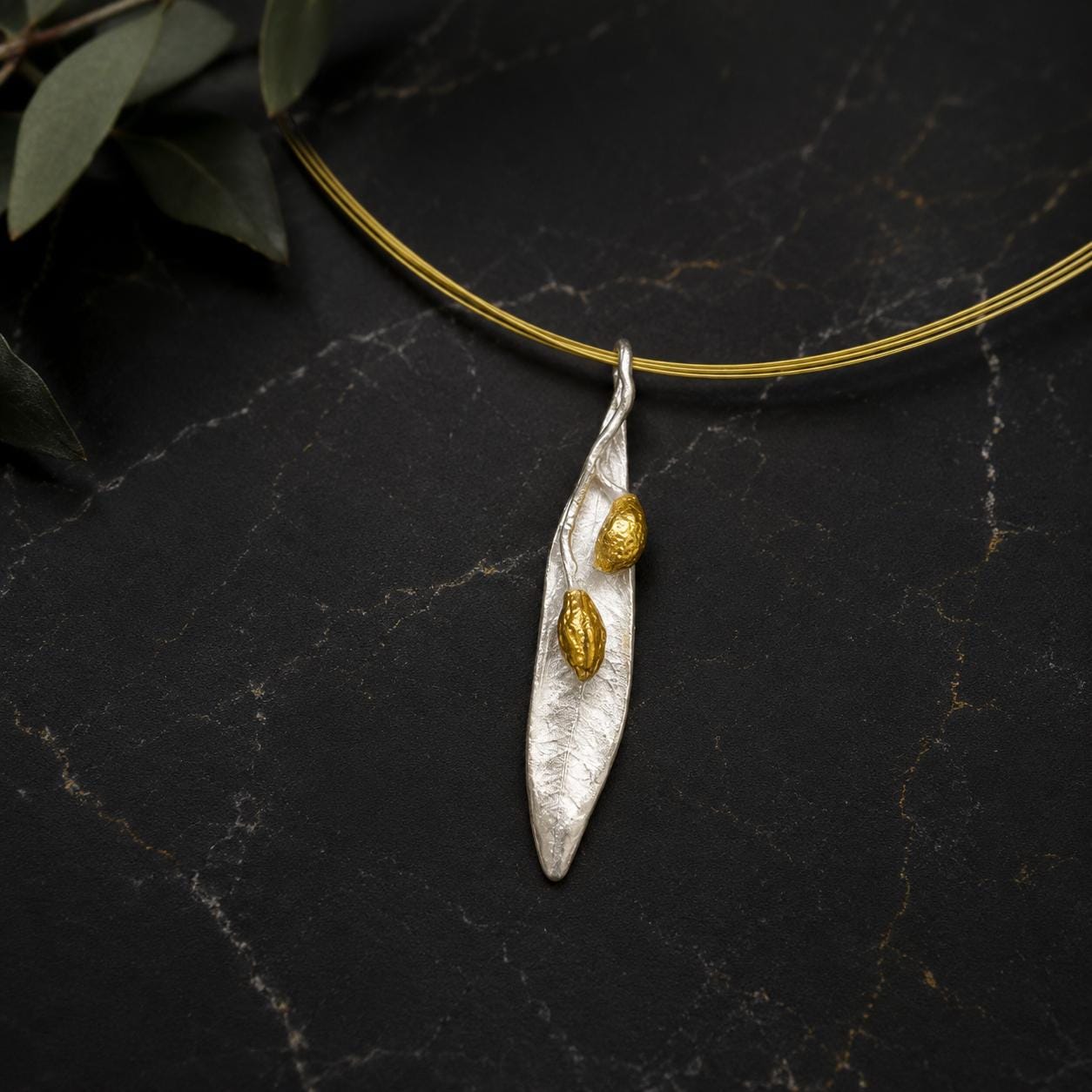 Real Olive Leaf Necklace, Handmade Minimalist Jewelry, Organic Tree Pendant Band, Gift for Health &amp; Success, Gold and Sterling Silver 925