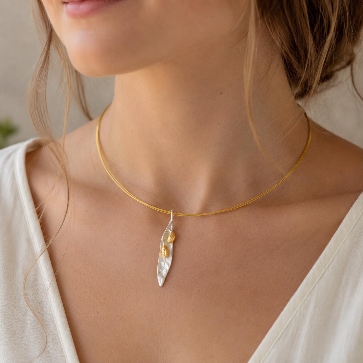 Real Olive Leaf Necklace, Handmade Minimalist Jewelry, Organic Tree Pendant Band, Gift for Health &amp; Success, Gold and Sterling Silver 925