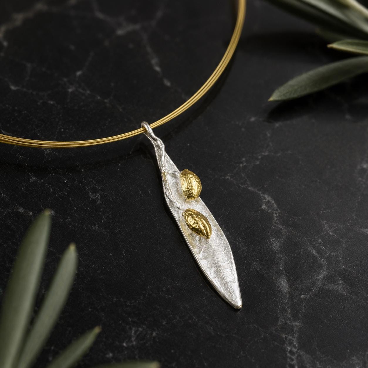 Real Olive Leaf Necklace, Handmade Minimalist Jewelry, Organic Tree Pendant Band, Gift for Health &amp; Success, Gold and Sterling Silver 925