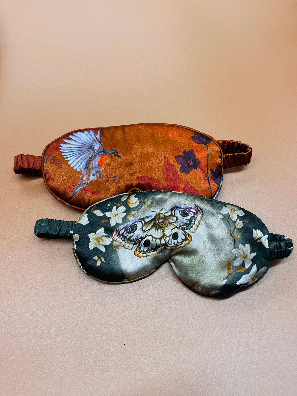 Copper silk eye masks for sleep or meditation in beautiful 'Ember' print hand painted design