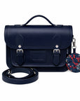 Floral Lined Leather Midi Satchel - Navy