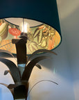Green velvet wonderland drum lampshade, double sided lampshade with sage wonderland paper on interior