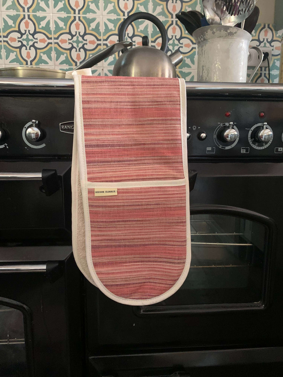 Premium double oven glove in red and sandy cream stripes, luxury handwoven cotton, limited edition, earthy cottage style by Maison Elhoria at brixbailey.com