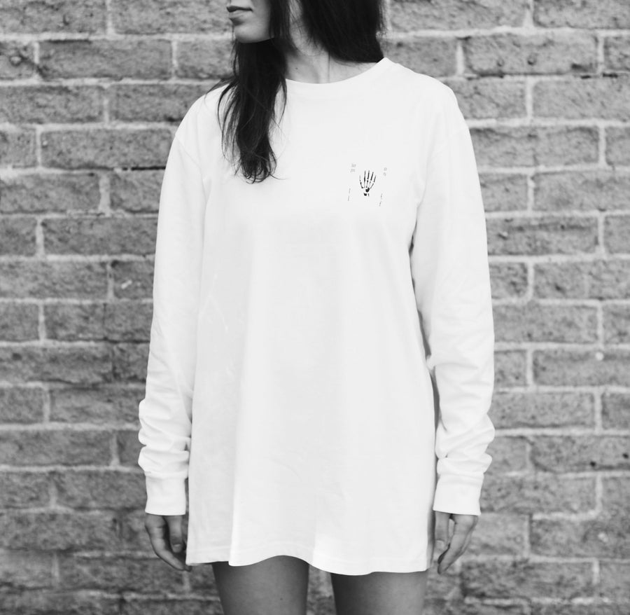 Premium loose fit white long sleeve shirt, handprinted organic cotton, luxury limited edition, stylish unisex design by WWOOLLFF CO. at brixbailey.com