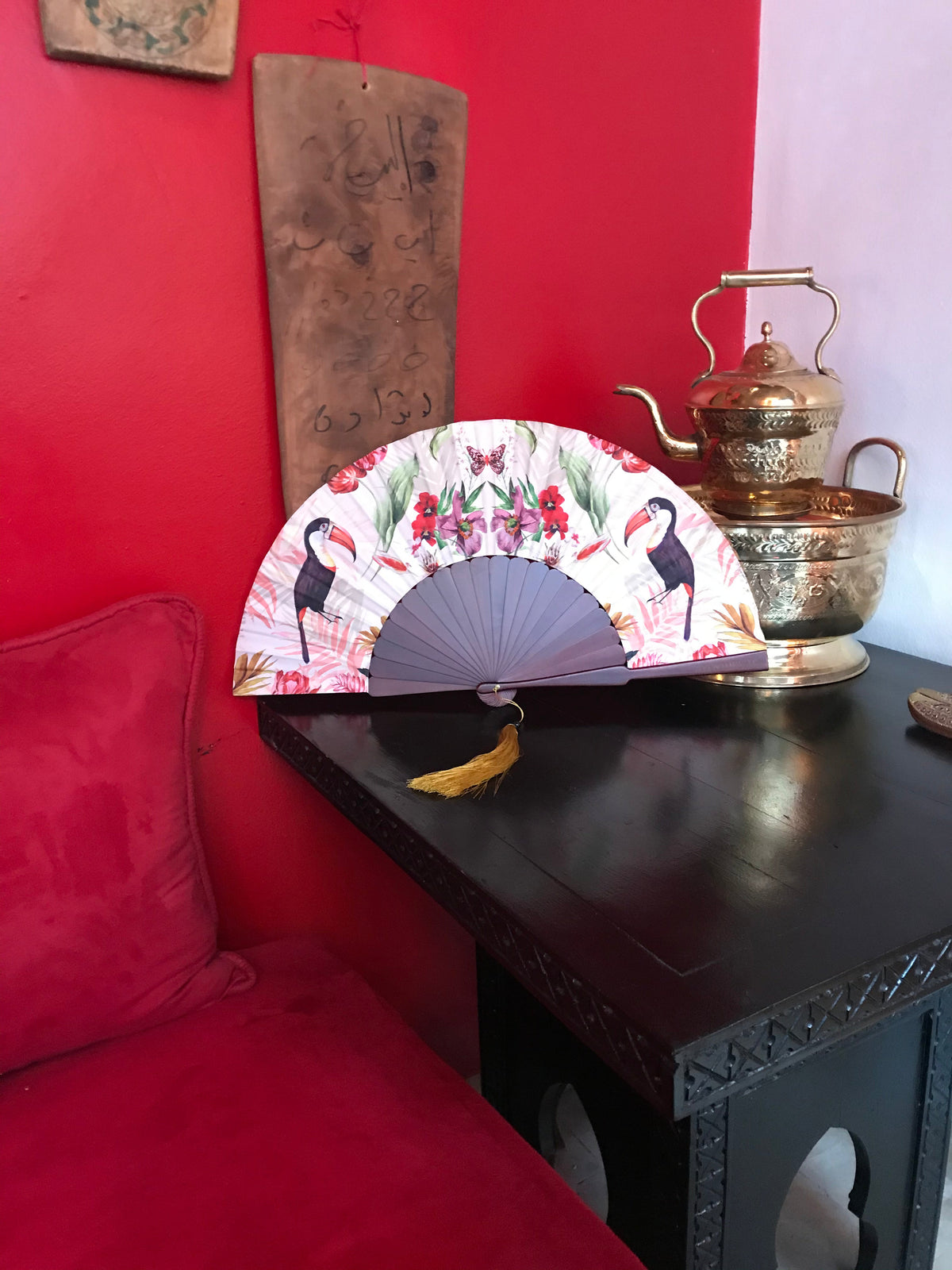 Floral Silk Fan with Toucan design and luxurious Gold tassel, part of the Mysa Collection
