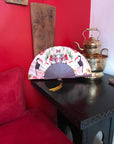 Floral Silk Fan with Toucan design and luxurious Gold tassel, part of the Mysa Collection