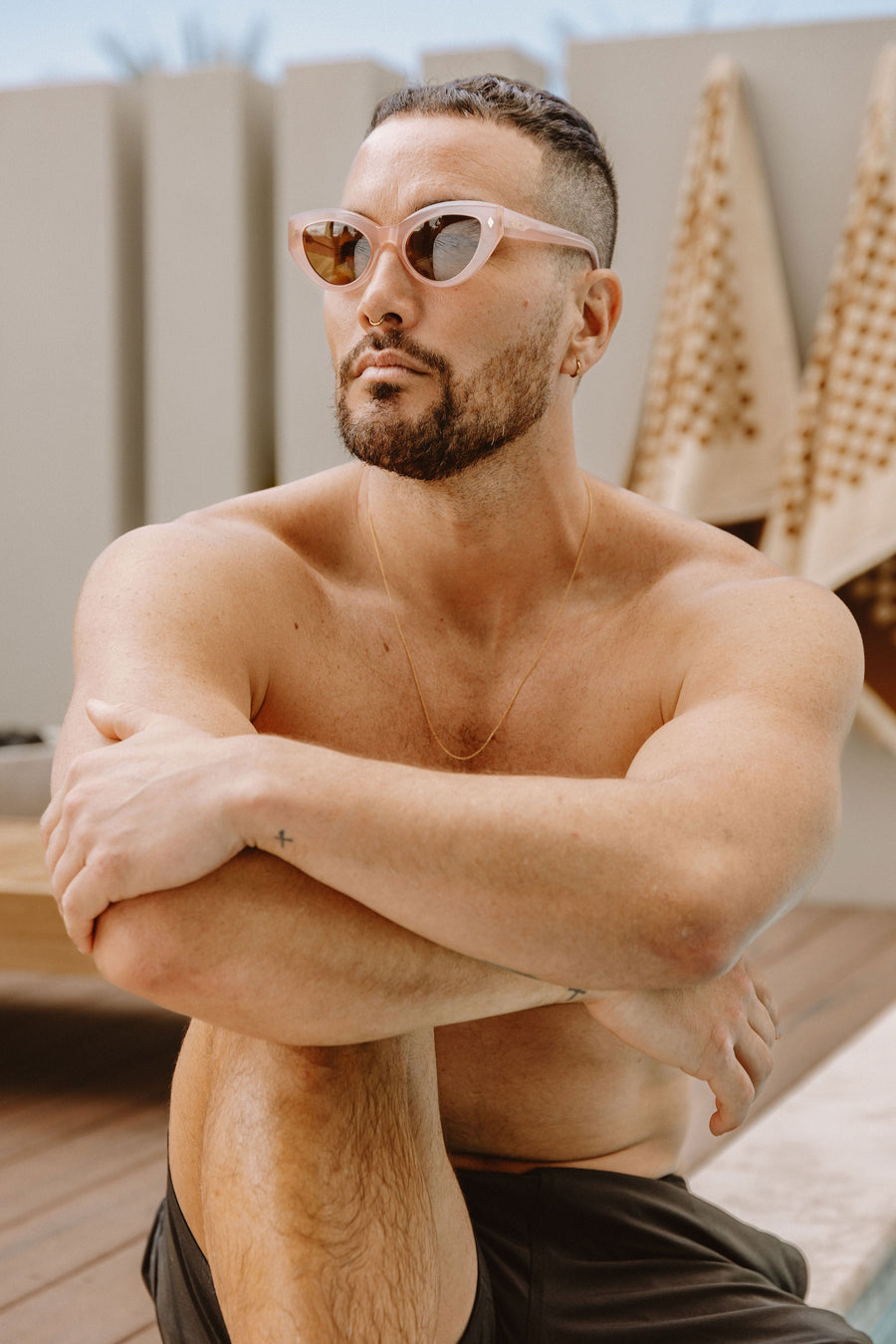 Fun Little Floss Pale Pink Cleo Cat Eye Frames with Light Tan Lenses & Gold Diamonds - UV Protection & Biodegradable by Reecy at brixbailey.com