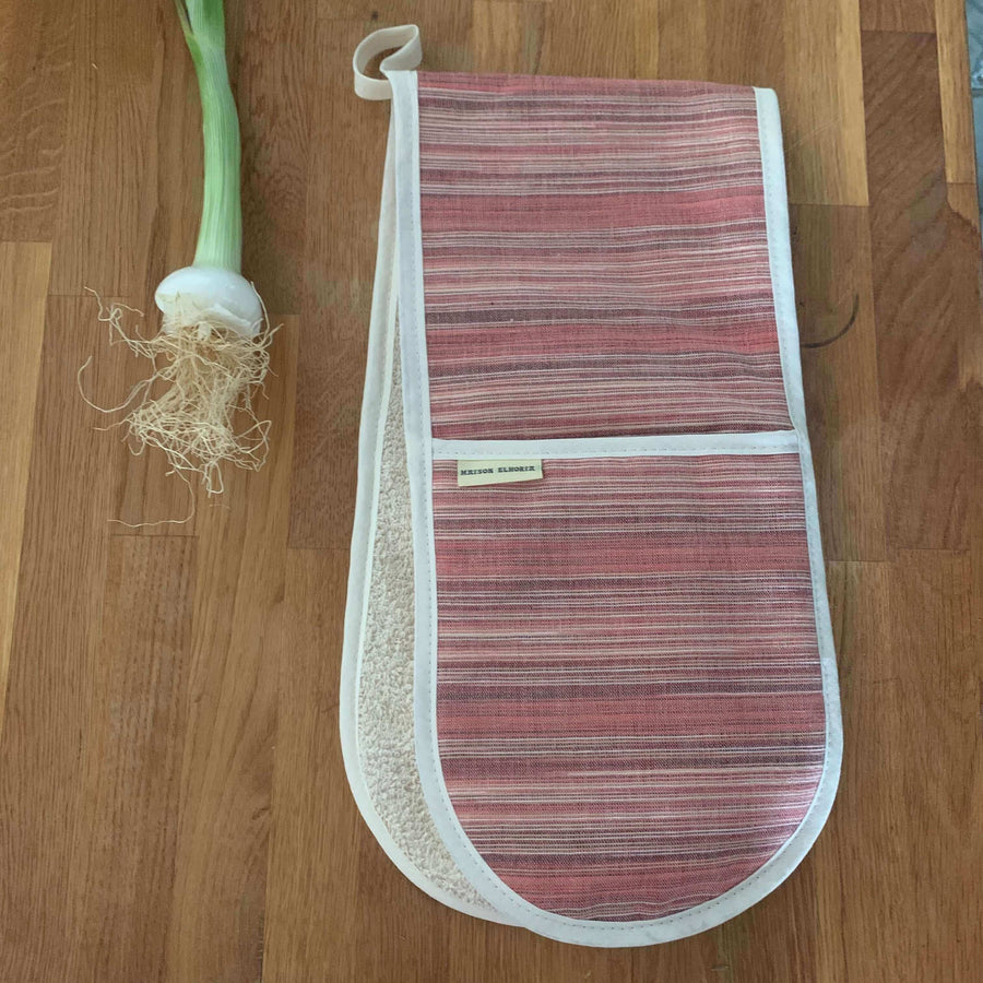 Luxury double oven glove in red and sandy cream stripes, premium handwoven cotton, limited edition, stylish cottage aesthetic by Maison Elhoria at brixbailey.com