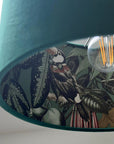 Green velvet wonderland drum lampshade, double sided lampshade with sage wonderland paper on interior