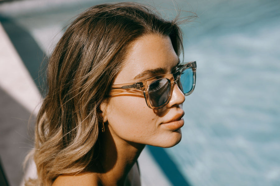 80s Risky Business Sunglasses - Clear Beige Frame & Blue Lens | UV Protection | Eco-Friendly Bioacetate Frames by Reecy at brixbailey.com