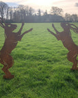 Pair Of Rusty Metal Boxing Hares Garden Decoration