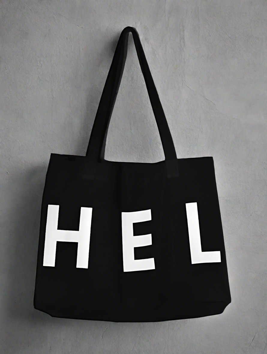 Luxury limited edition HEL N5 black shopper bag, handprinted organic cotton, premium fair trade tote, stylish reusable design by WWOOLLFF CO. at brixbailey.com