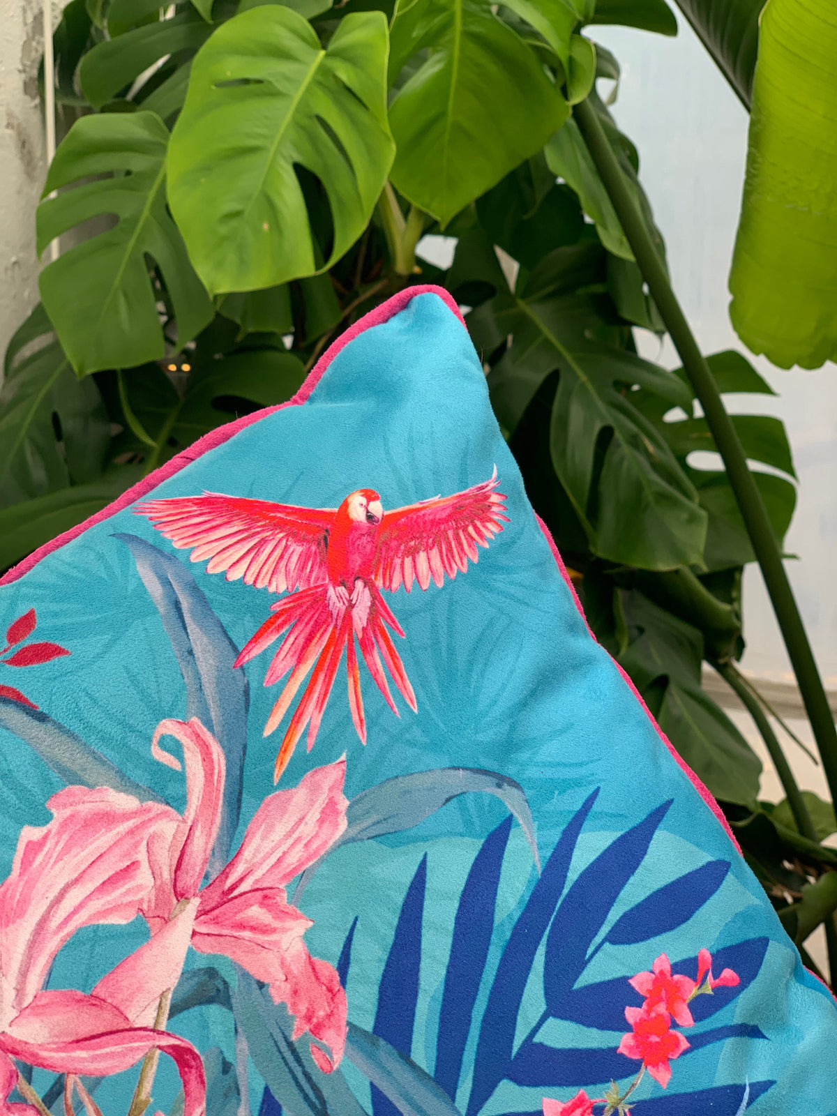 Terquoise tropical watercolour art Cushion 'Jungala' double sided design, made from Vegan friendly Suede