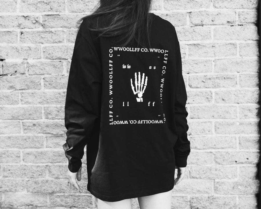 Premium black loose fit long sleeve shirt, handprinted organic cotton, limited edition, made to order, luxury unisex design by WWOOLLFF CO. at brixbailey.com