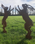 Pair Of Rusty Metal Boxing Hares Garden Decoration