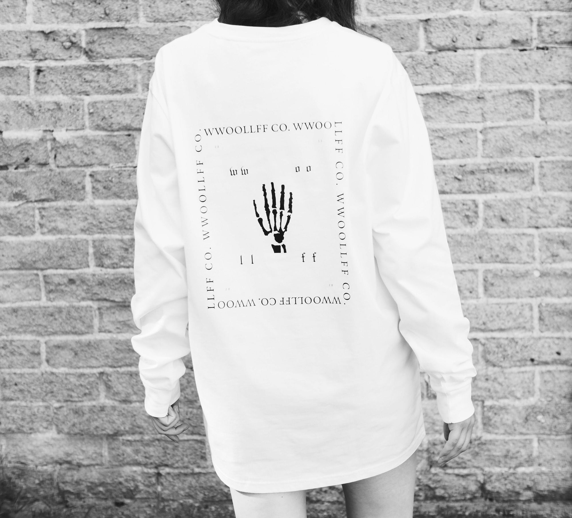 Luxury loose fit white long sleeve organic cotton shirt, premium handprinted limited edition, stylish unisex design by WWOOLLFF CO. at brixbailey.com