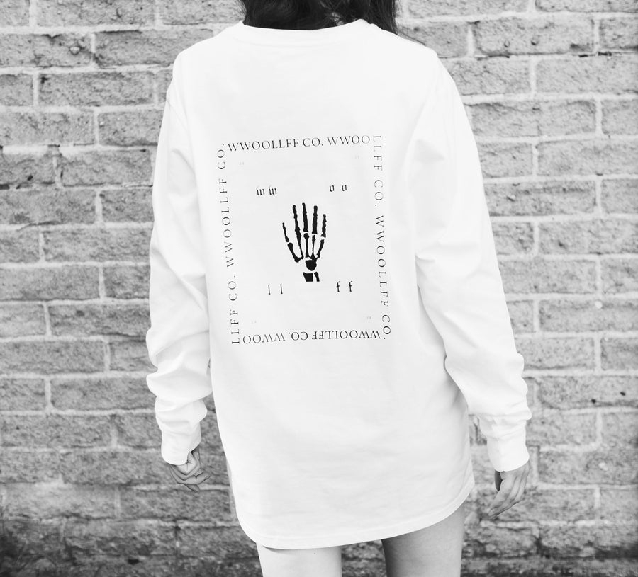 Luxury loose fit white long sleeve organic cotton shirt, premium handprinted limited edition, stylish unisex design by WWOOLLFF CO. at brixbailey.com