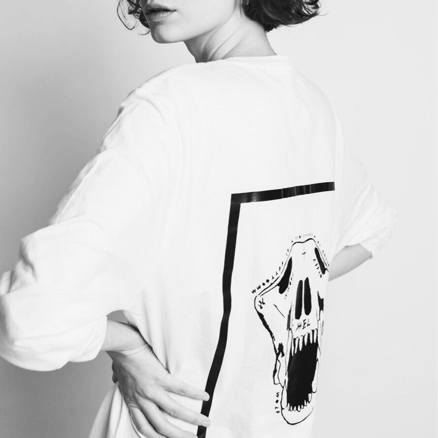 Premium oversized white long sleeve tee with handprinted WWOOLLFF CO. graphics, 100% organic cotton by WWOOLLFF CO. at brixbailey.com