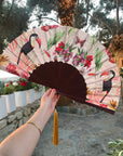 Floral Silk Fan with Toucan design and luxurious Gold tassel, part of the Mysa Collection