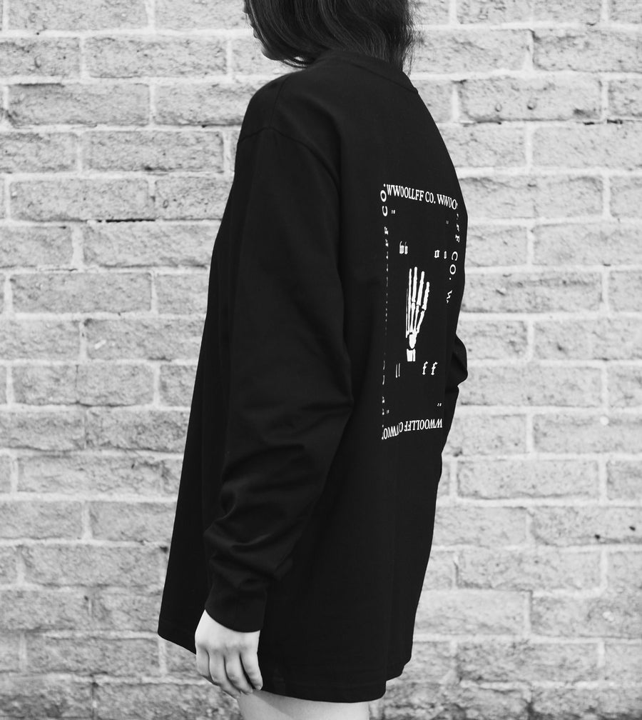 Premium loose fit black long sleeve organic cotton shirt, handprinted limited edition, luxury handcrafted mens womens fashion by WWOOLLFF CO. at brixbailey.com