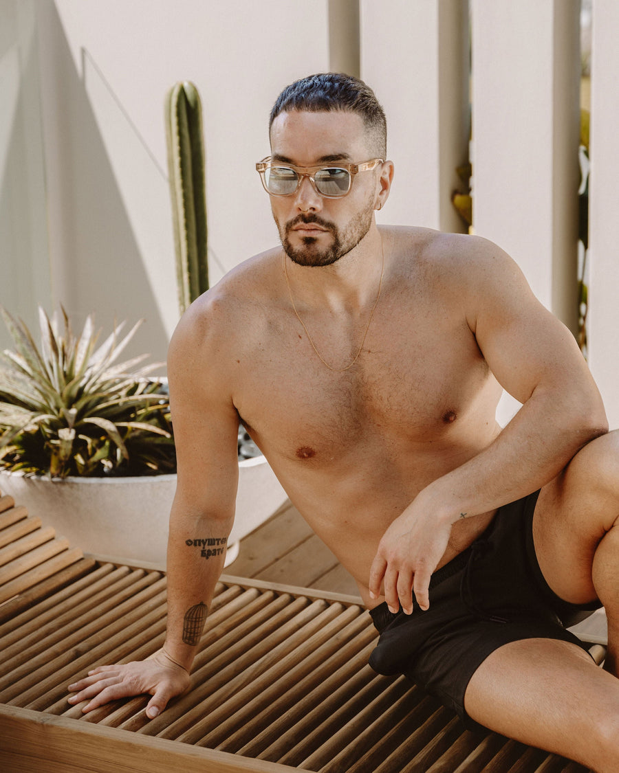 80s Inspired Risky Business Sunglasses - Clear Beige Frame & Blue Lens | UV Protection | Eco-Friendly Bioacetate by Reecy at brixbailey.com