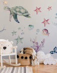 Ocean Wall Decal - Watercolour Sea Life Stickers - Colourful Ocean Theme