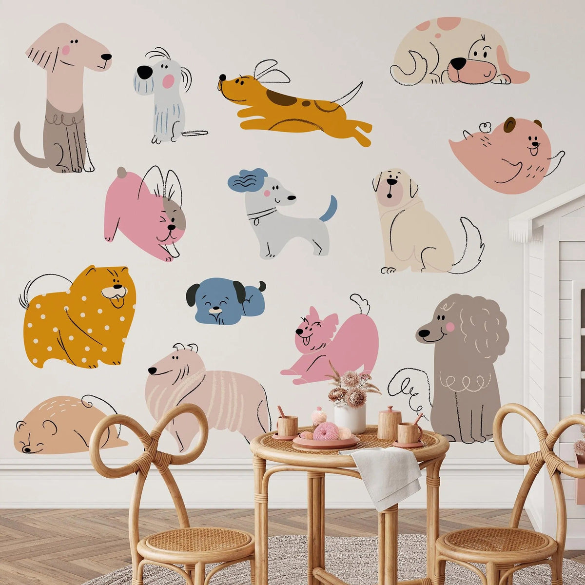 Hand Drawn Dogs Nursery Wall Decals - Cute Puppy Wall Stickers for Baby Room Décor &amp; Kids Bedroom Art