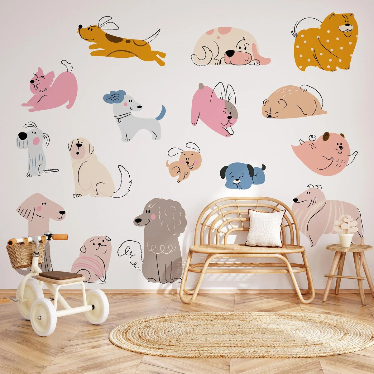 Hand Drawn Dogs Nursery Wall Decals - Cute Puppy Wall Stickers for Baby Room Décor &amp; Kids Bedroom Art