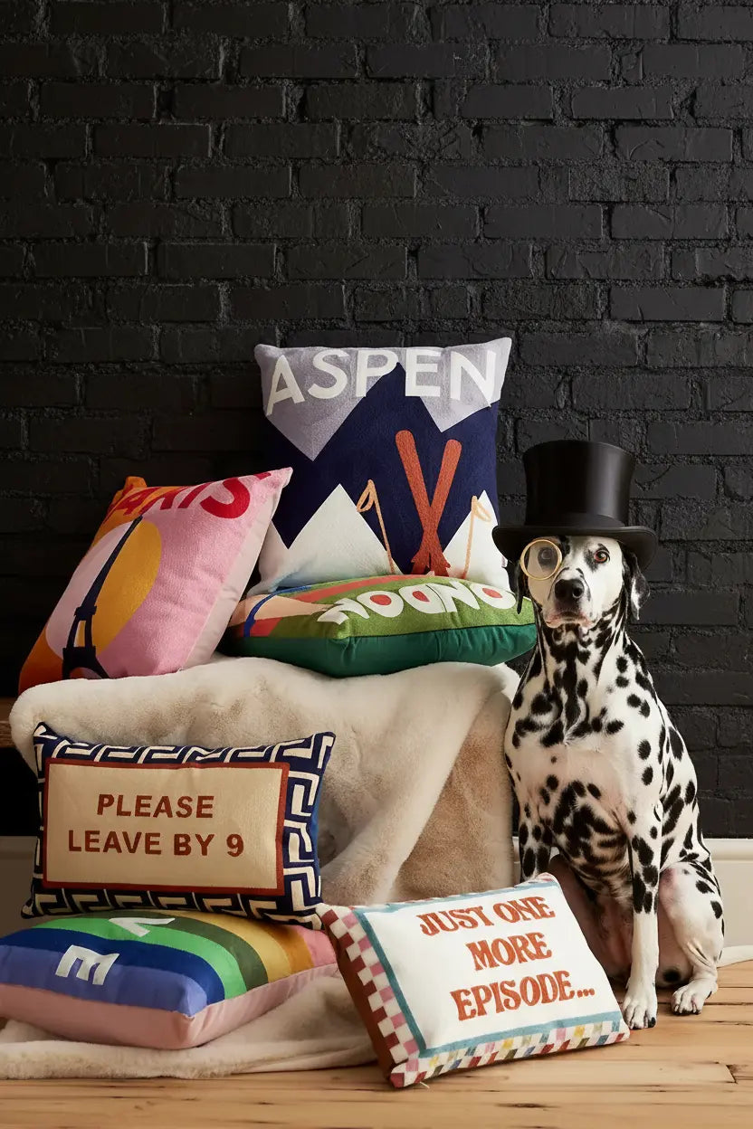 Independent brand cushions and pillows stacked beside a dalmatian in a top hat, styled for the Brix + Bailey home collection