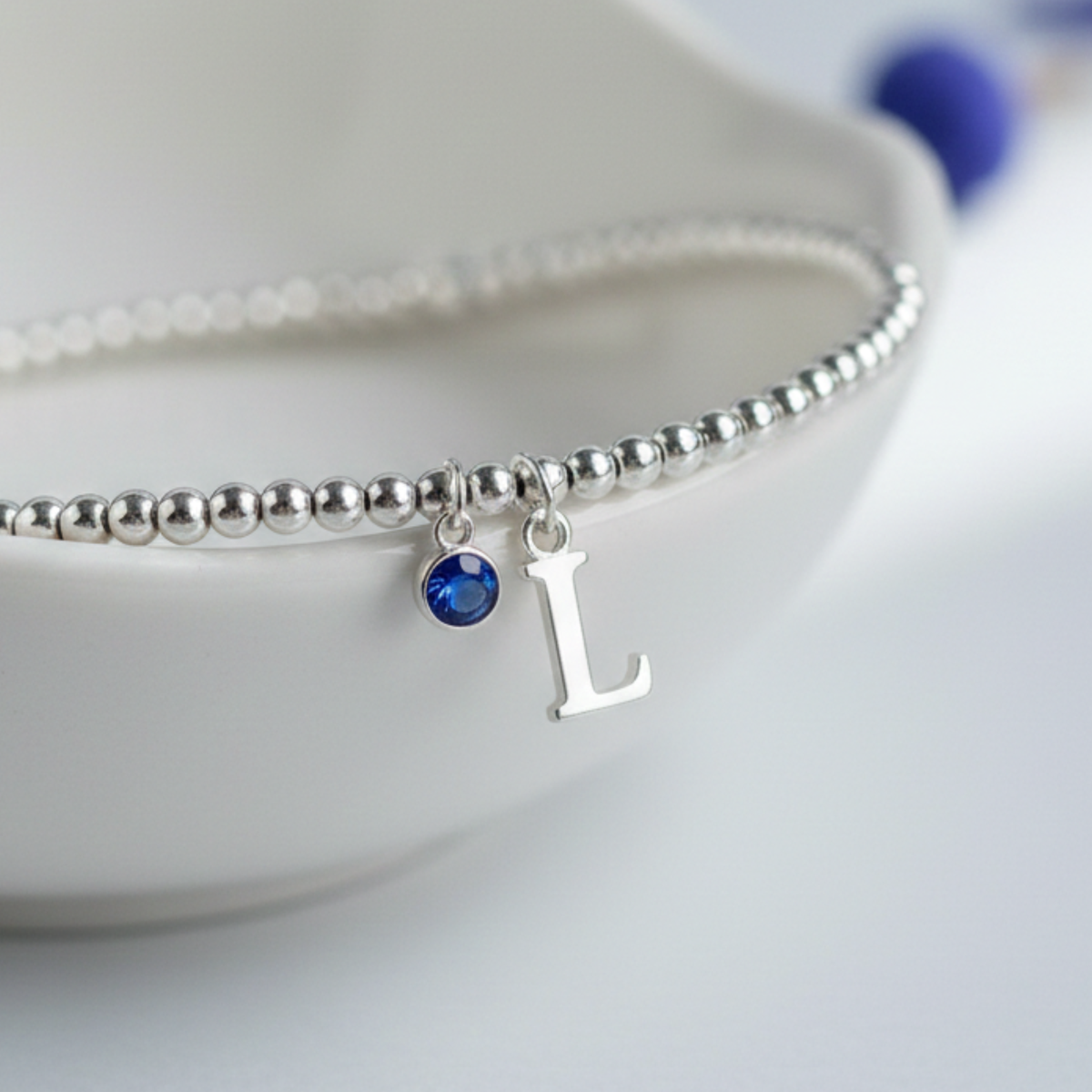 Initial &amp; September Birthstone Bracelet | Personalised Stretch Bead Bracelet