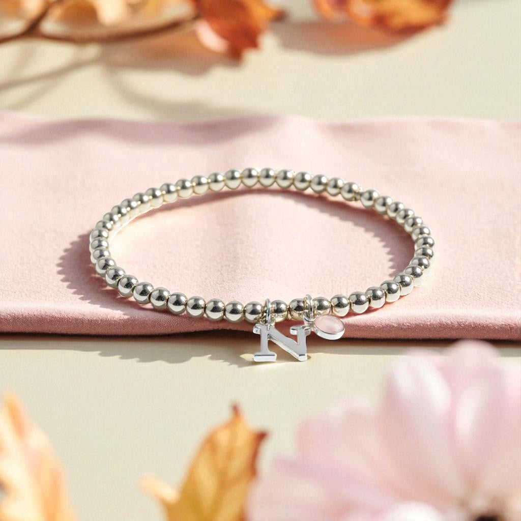 Initial &amp; October Birthstone Bracelet | Personalised Stretch Bead Bracelet