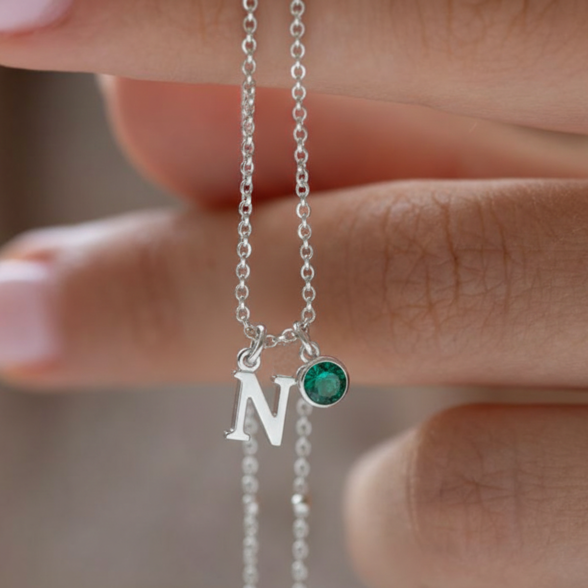 May Birthstone &amp; Initial Charm Necklace