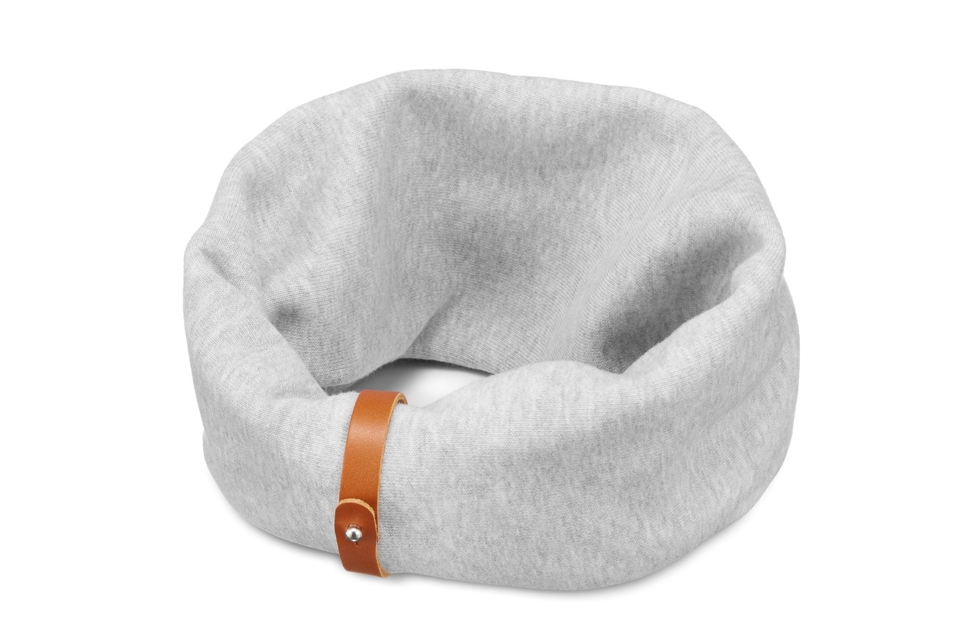 a soft grey dog neck warmer made from cozy cotton-polyester blend, shown in gentle morning light