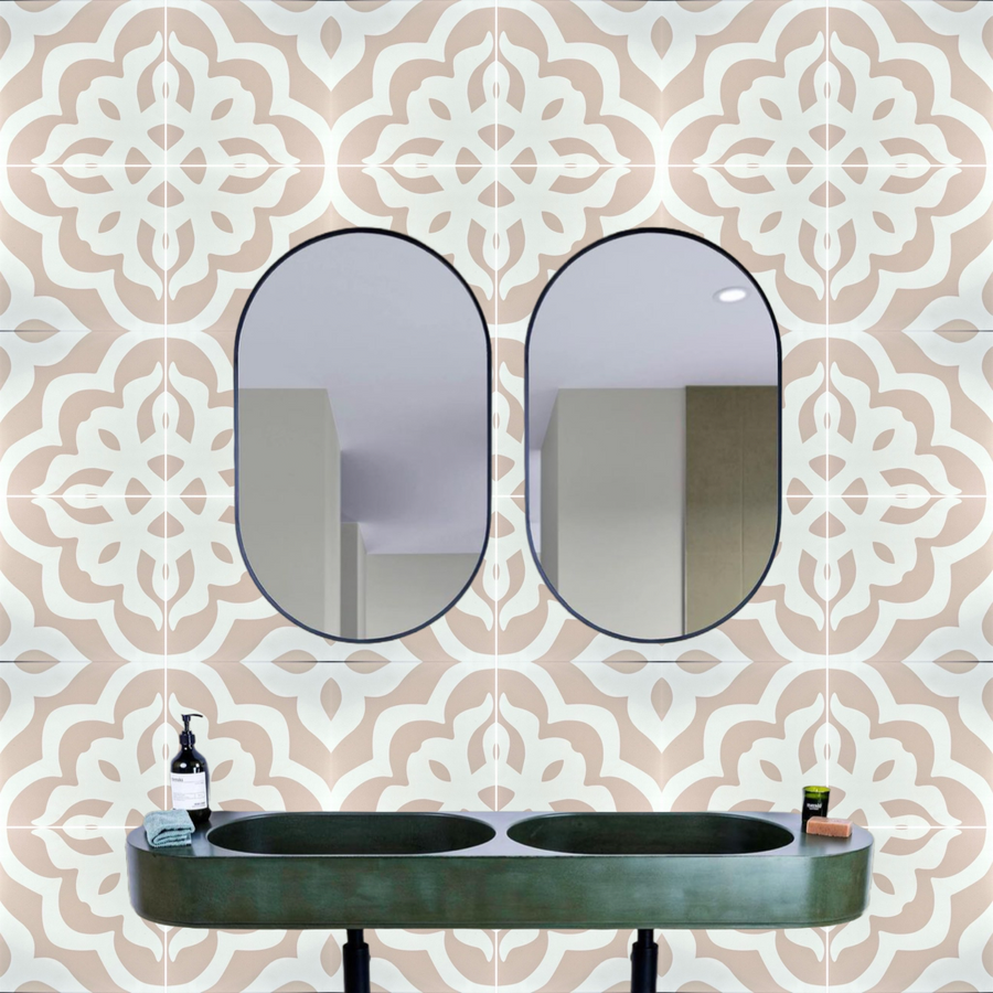 Isla luxury porcelain tile in dusky pink and white, Moroccan-inspired boho chic design, premium R11 anti-slip, indoor-outdoor versatile by Maria Starling Design at brixbailey.com
