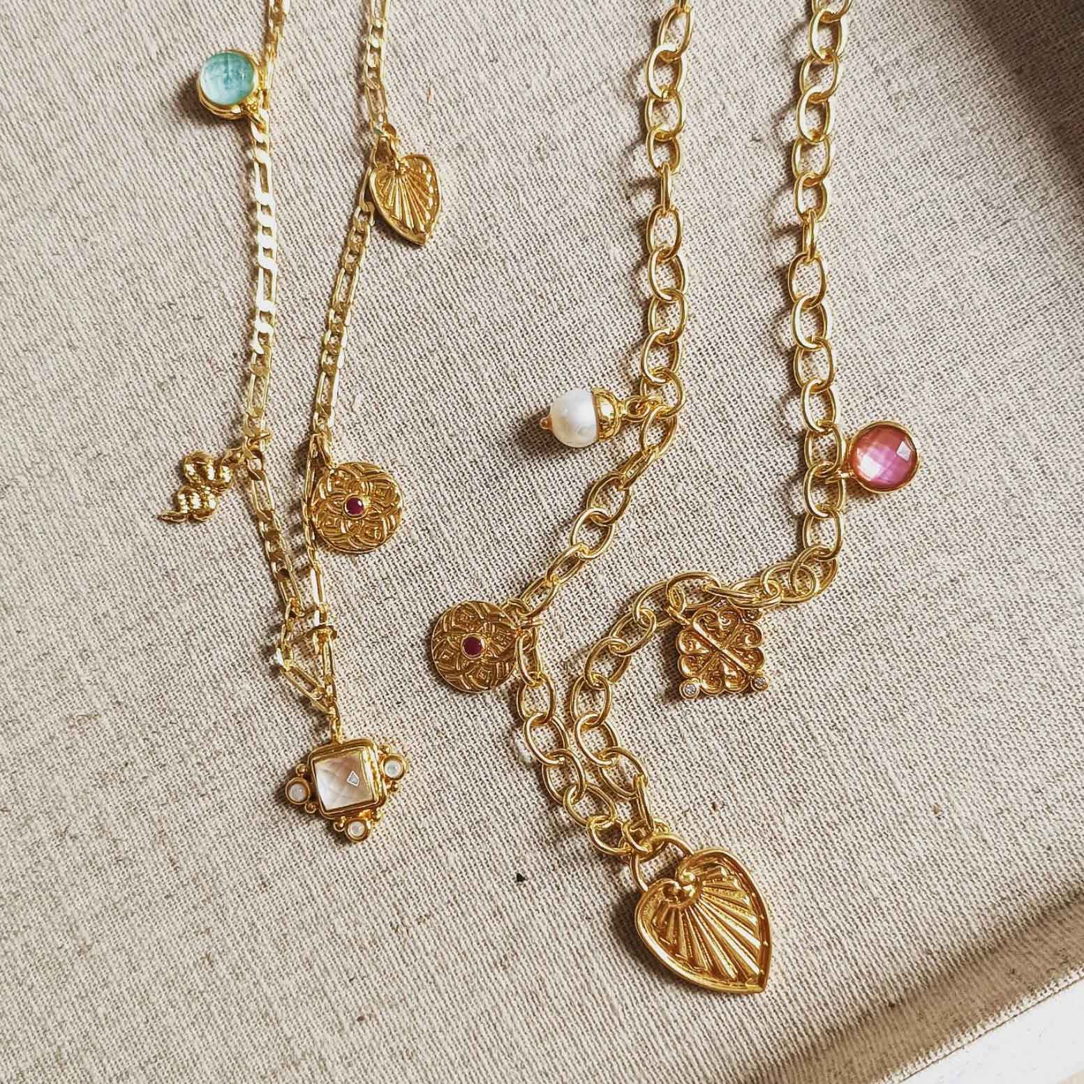 Janus Gold Charm Necklace: Pearl, Pink Zircon &amp; Mother of Pearl