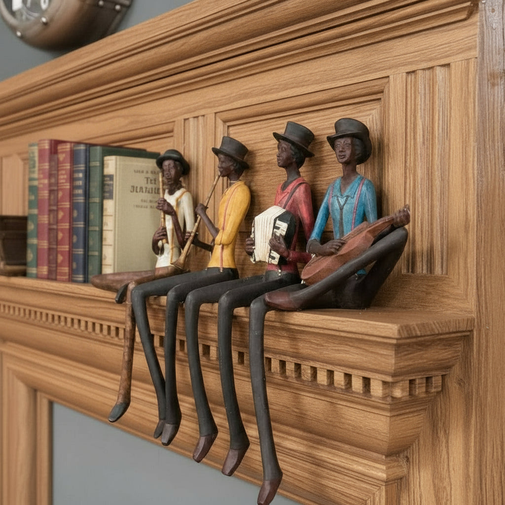 Wooden shelf with figurines of people playing instruments on a wooden wall.