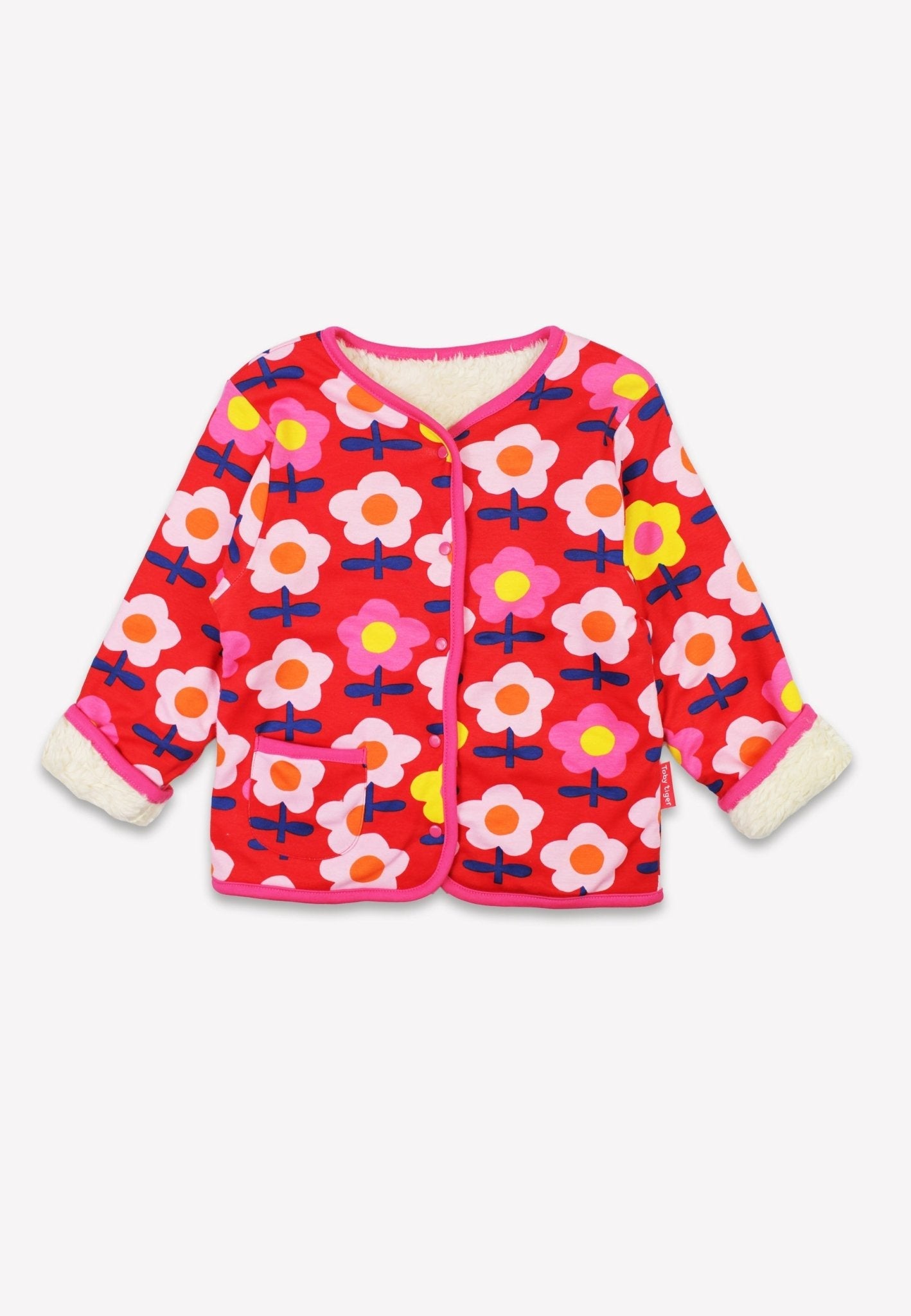 Cheerful Reversible Kids Jacket with Colorful Retro Flower Print, Fleece Lined, Organic Cotton, GOTS Certified, Sustainable &amp; Stylish by Toby Tiger at brixbailey.com