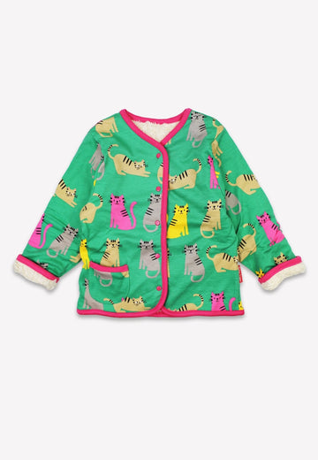 Premium organic cotton reversible kids jacket with cute kitten print, soft fleece lining, green with gray pink yellow cats, pink trim, machine washable by Toby Tiger at brixbailey.com