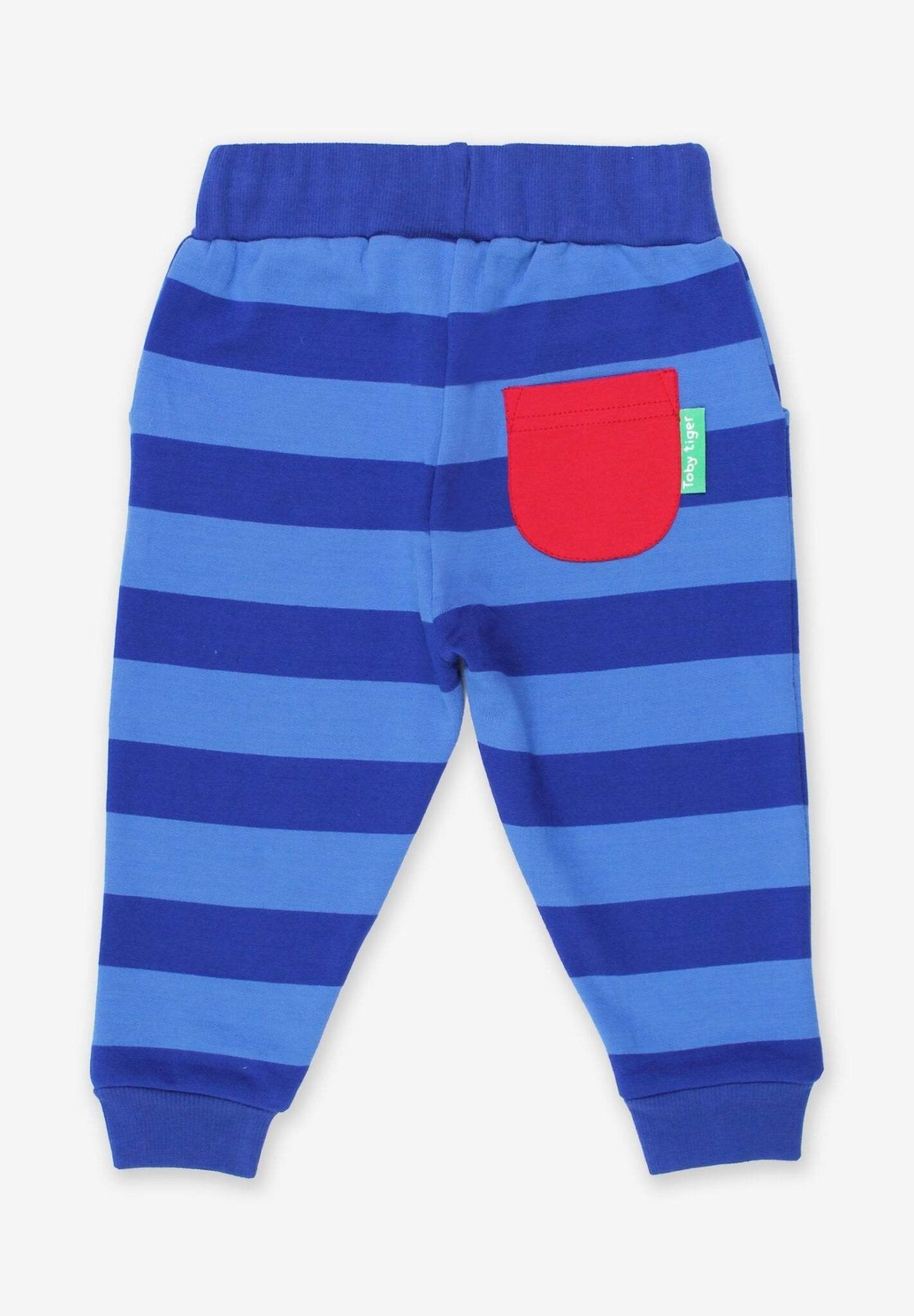 Premium Blue Striped Organic Cotton Baby Jogger Pants for Playtime and Comfort by Toby Tiger at brixbailey.com