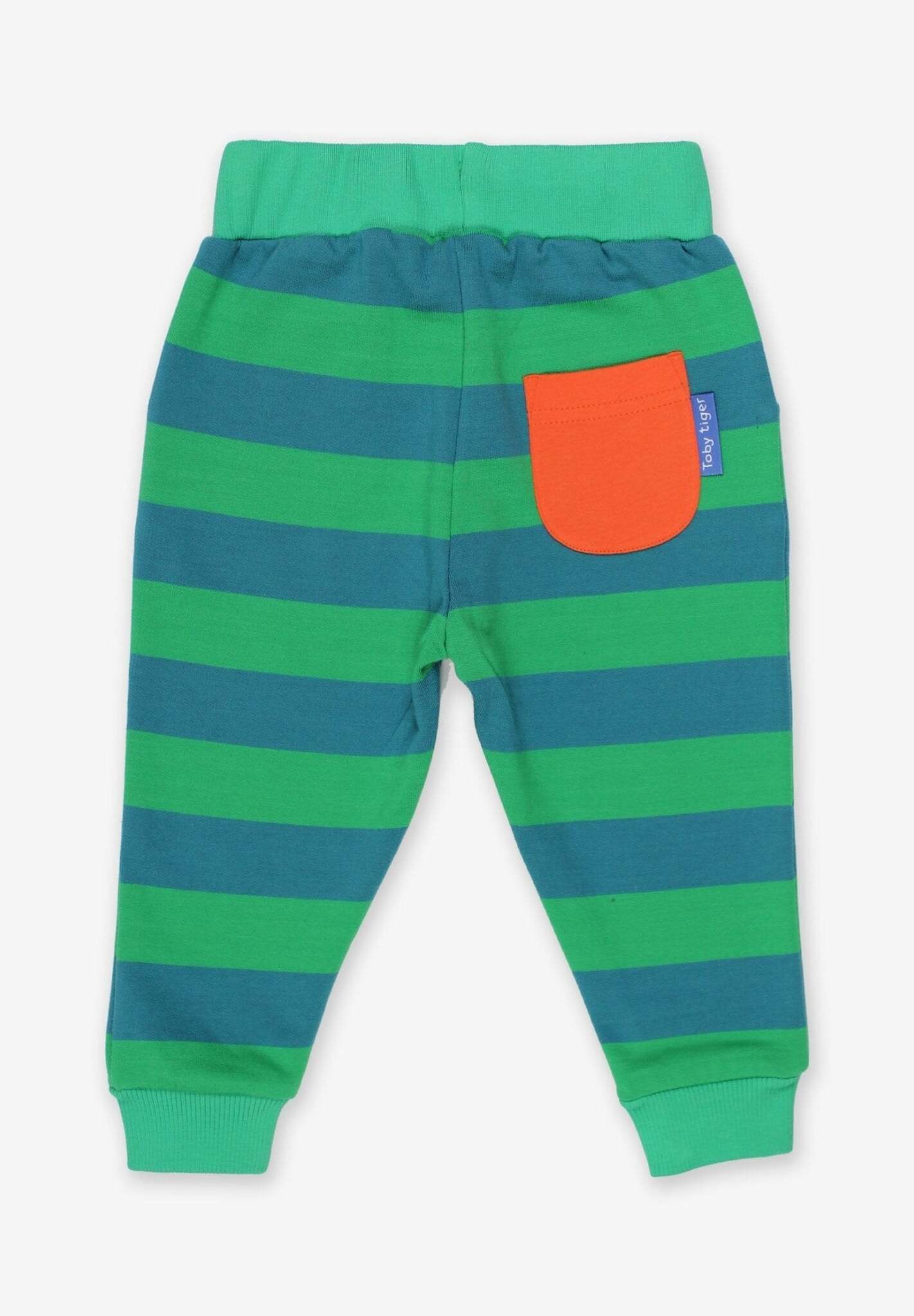 Premium green striped organic cotton baby jogger pants, stylish and comfortable for playtime by Toby Tiger at brixbailey.com