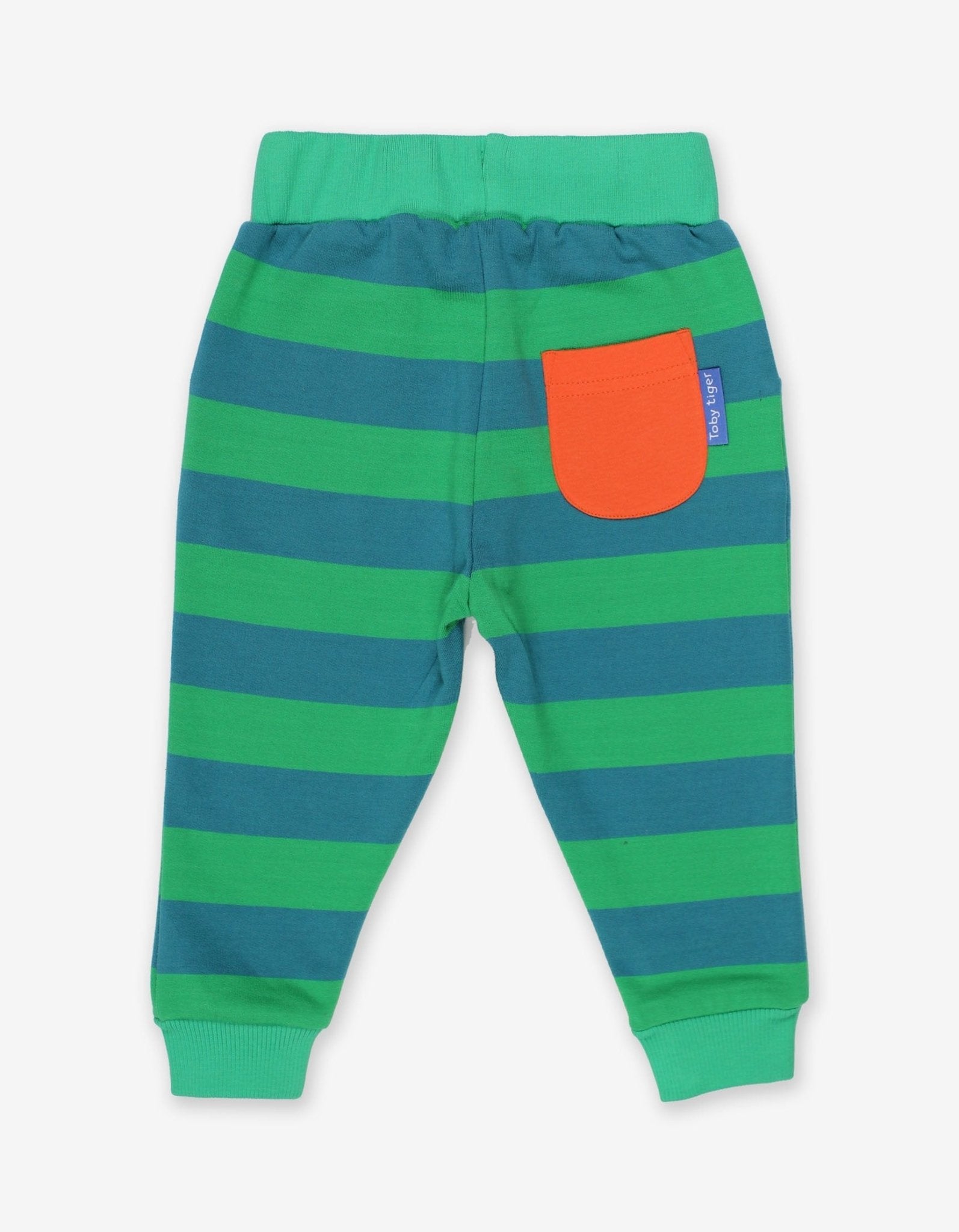 Premium green striped organic cotton baby jogger pants, stylish and comfortable for playtime by Toby Tiger at brixbailey.com
