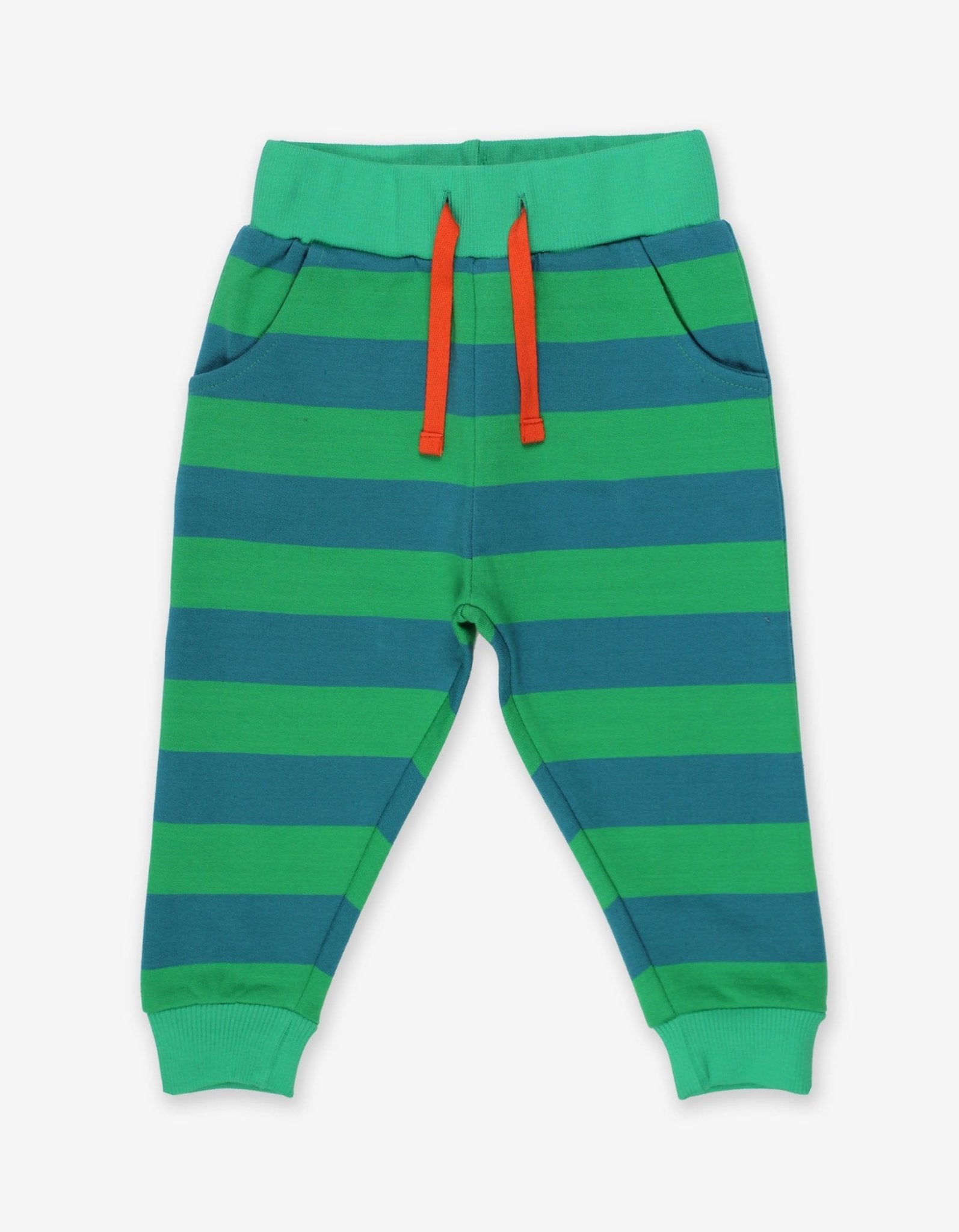 Premium green striped organic cotton baby jogger pants, soft and stylish for playtime by Toby Tiger at brixbailey.com