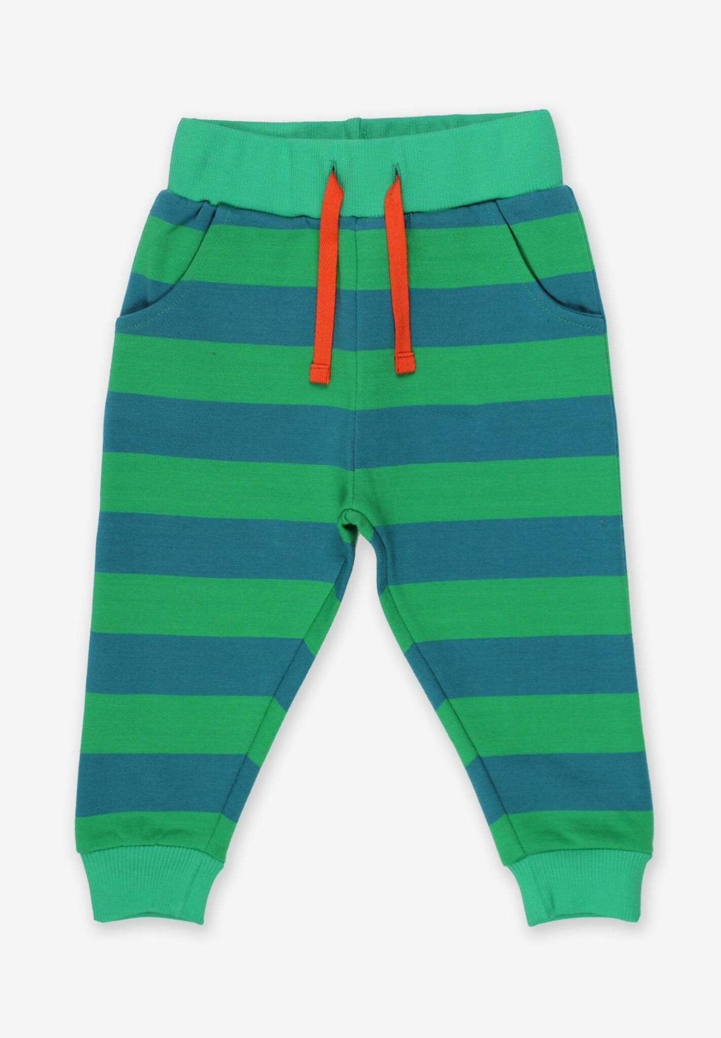 green striped organic cotton baby jogger pants, premium handcrafted eco-friendly comfy joggers for boys and girls by Toby Tiger at brixbailey.com