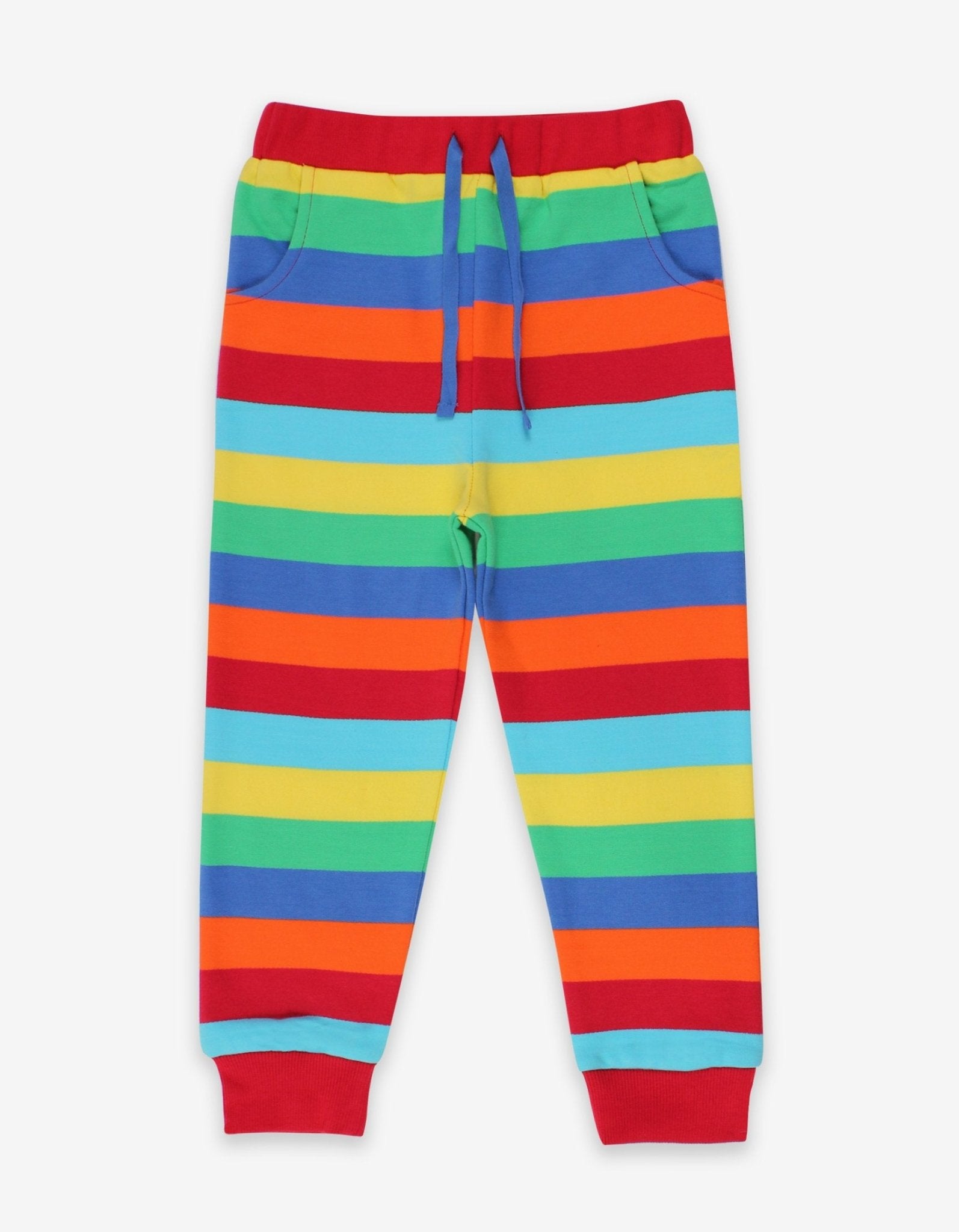 Premium striped organic cotton kids jogging pants, soft cozy fabric with stretch cuffs, trendy bright colors, best-selling comfy lounge wear by Toby Tiger at brixbailey.com