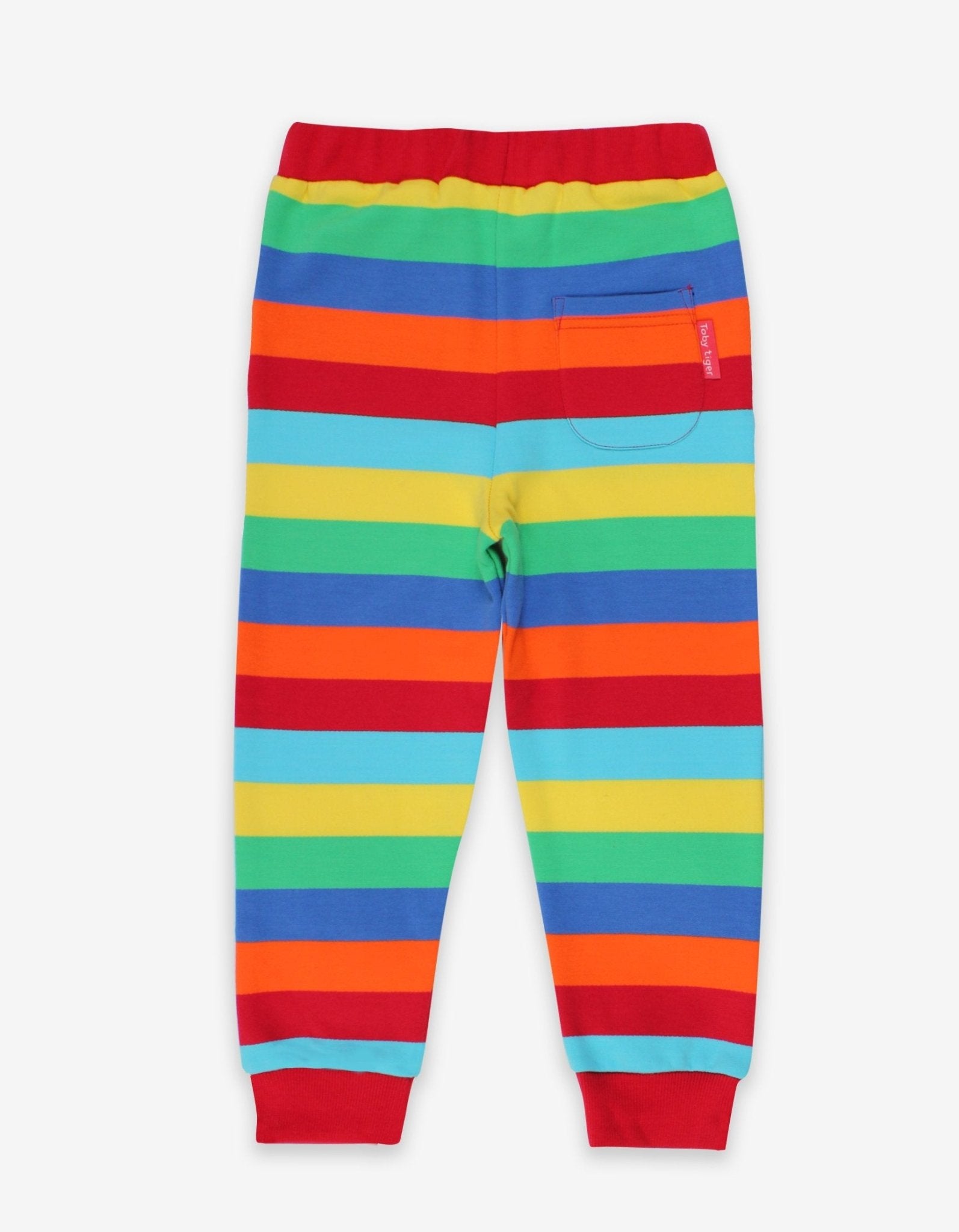 Premium striped organic cotton kids jogging pants, soft cozy fabric with stretch cuffs, trendy bright colors, best-selling comfy lounge wear by Toby Tiger at brixbailey.com