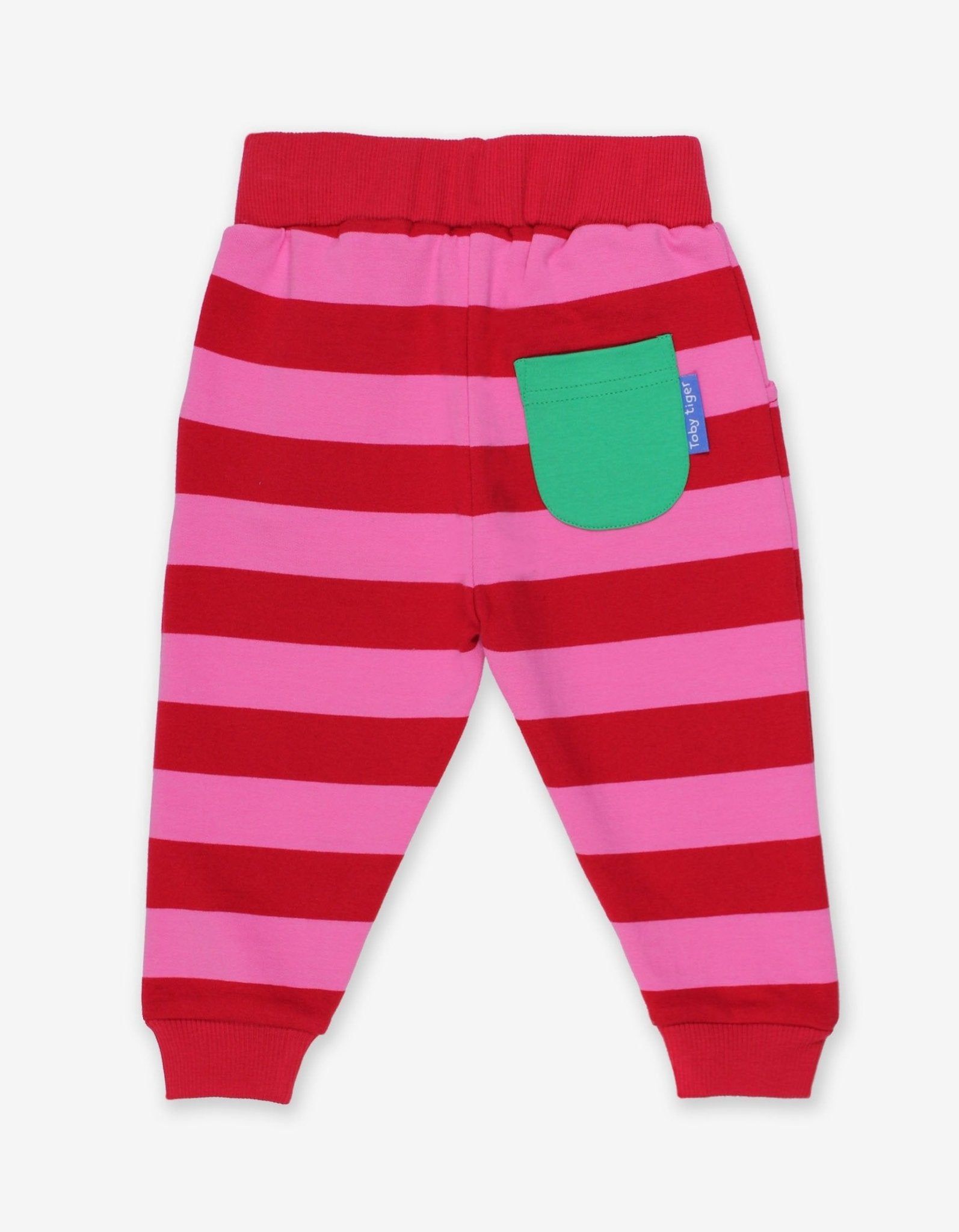 Premium pink and red striped organic cotton baby joggers, stylish and comfortable for playtime by Toby Tiger at brixbailey.com