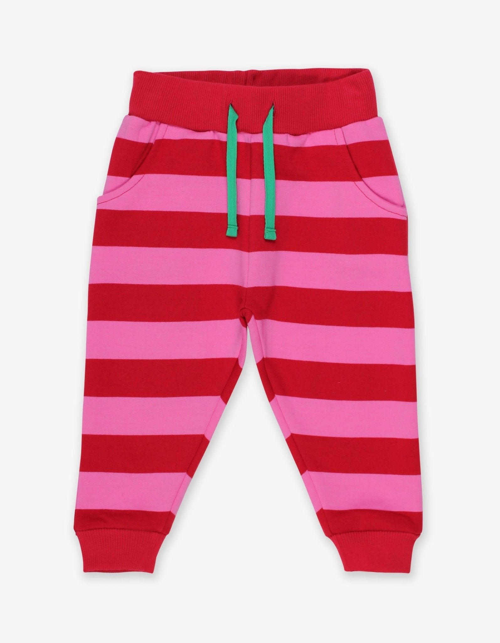 Premium pink and red striped organic cotton baby jogger pants, stylish and comfortable for playtime by Toby Tiger at brixbailey.com