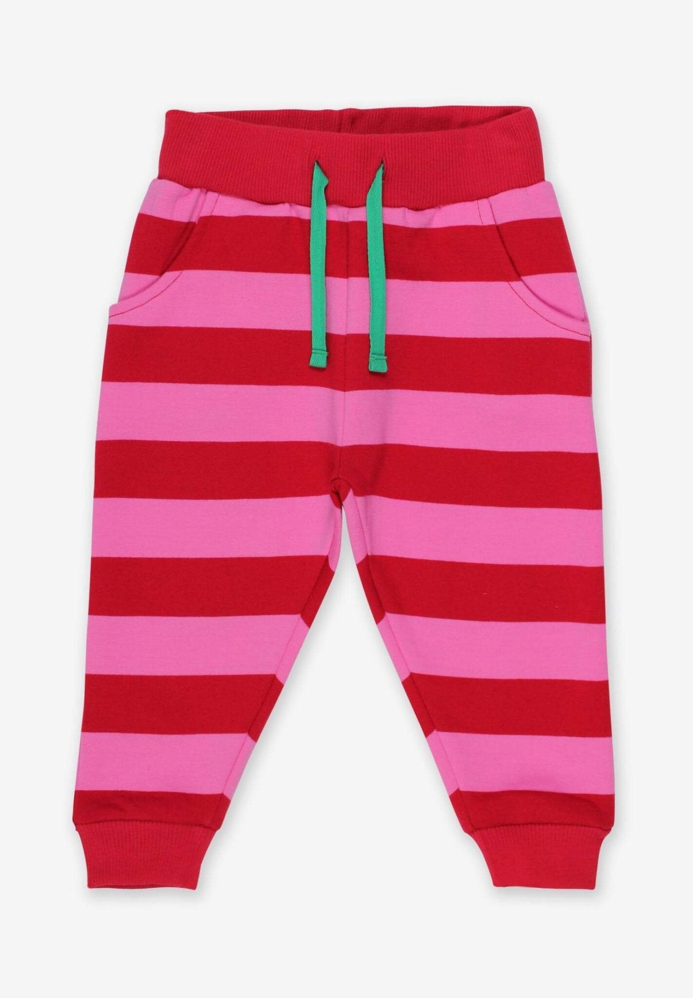 Premium pink and red striped organic cotton baby jogger pants, stylish and comfortable for playtime by Toby Tiger at brixbailey.com
